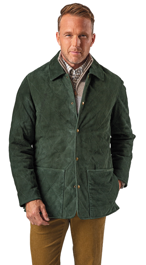 Male model wearing Goat Suede Diamond-Quilted Jacket