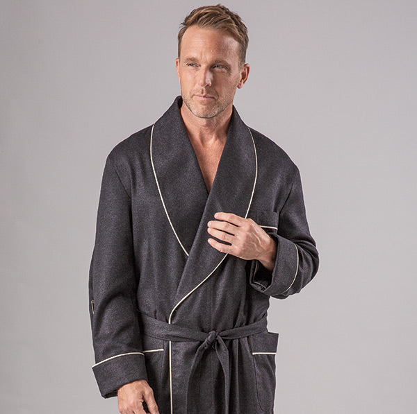 Male model wearing Pure Cashmere Shawl-Collar Robe with Braid Trim