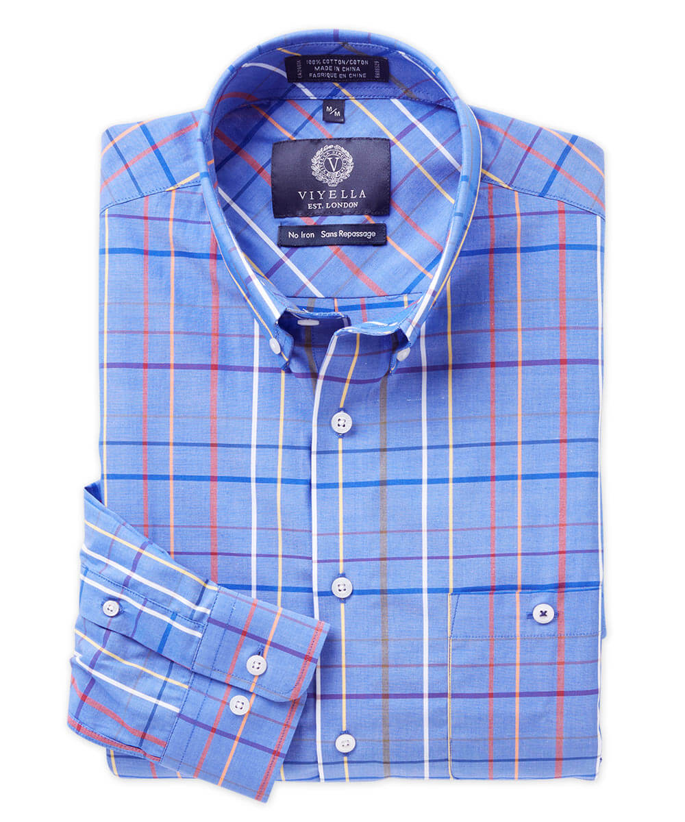Viyella Non-Iron Cotton Plaid Long Sleeve Sport Shirt