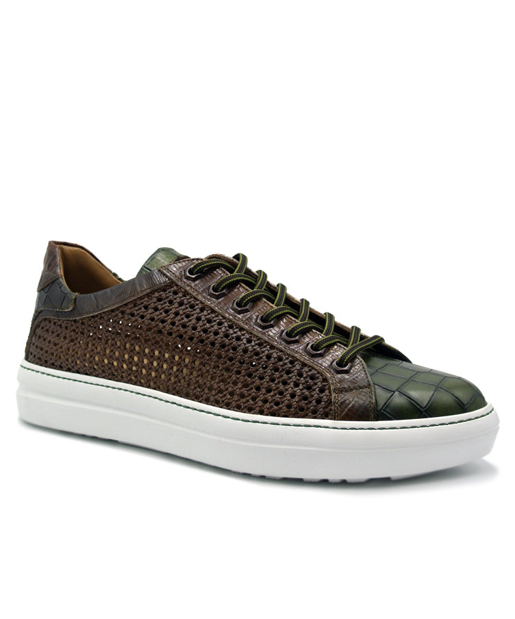 VENTO Calfskin Side Weave &amp; Embossed Crocodile Sneaker