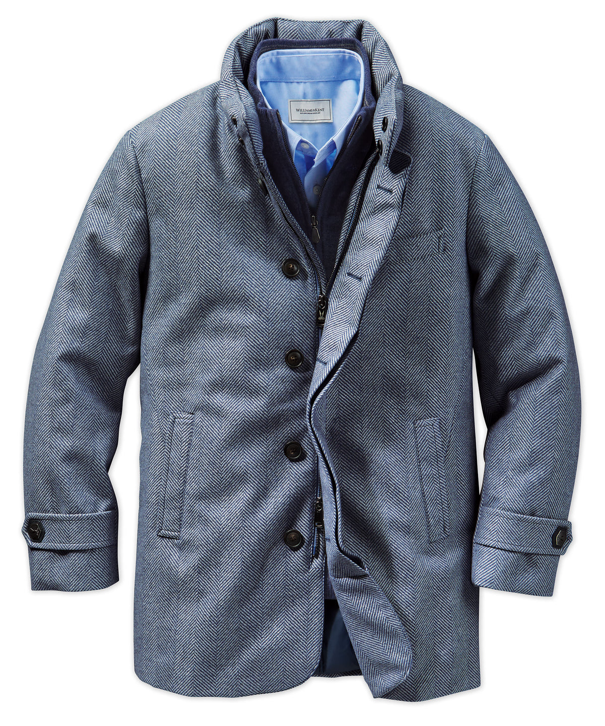 Waterproof Italian Herringbone Cashmere Car Coat with Down Insulation