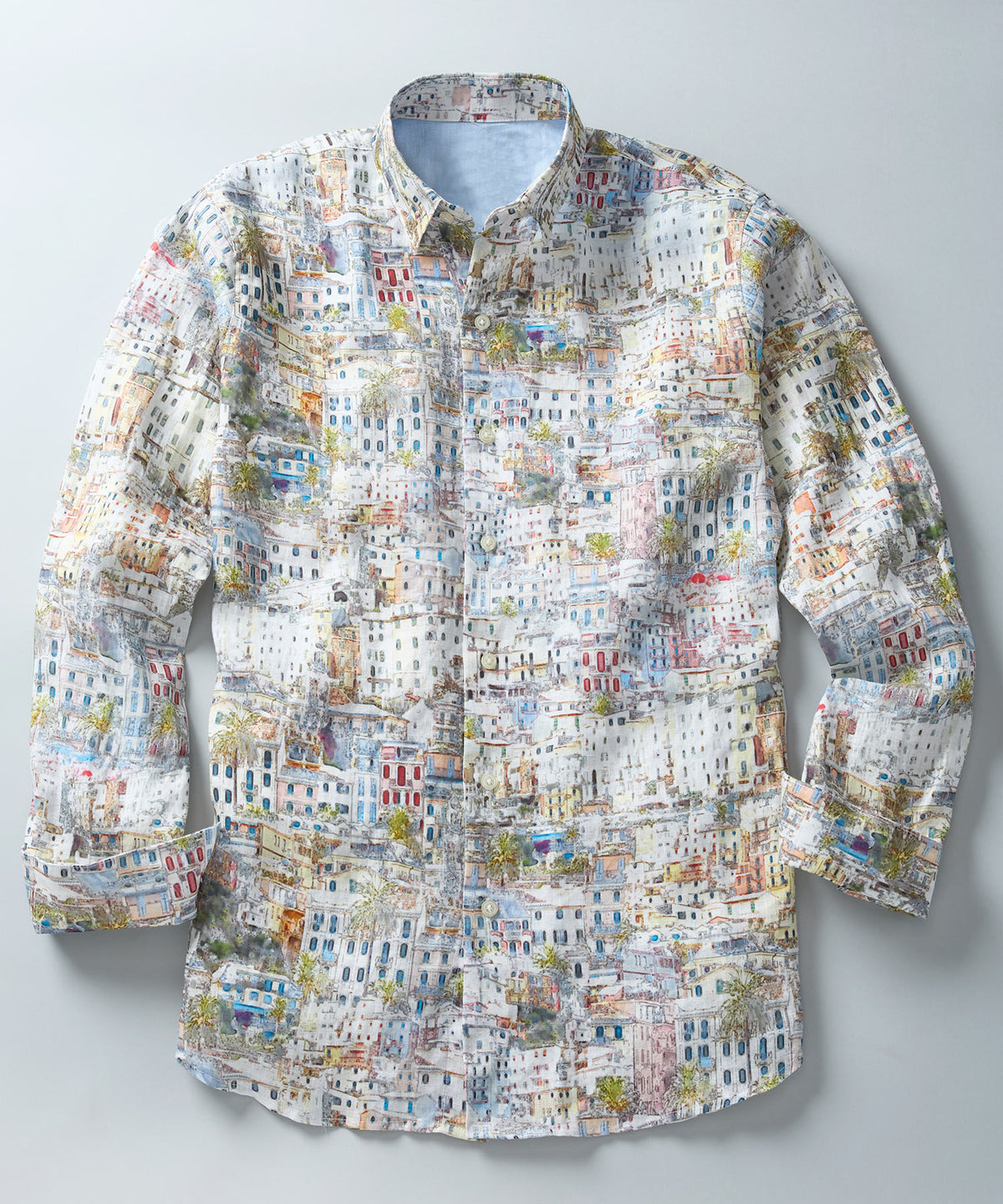 Cinque Terre Print Long-Sleeve Linen Sport Shirt
